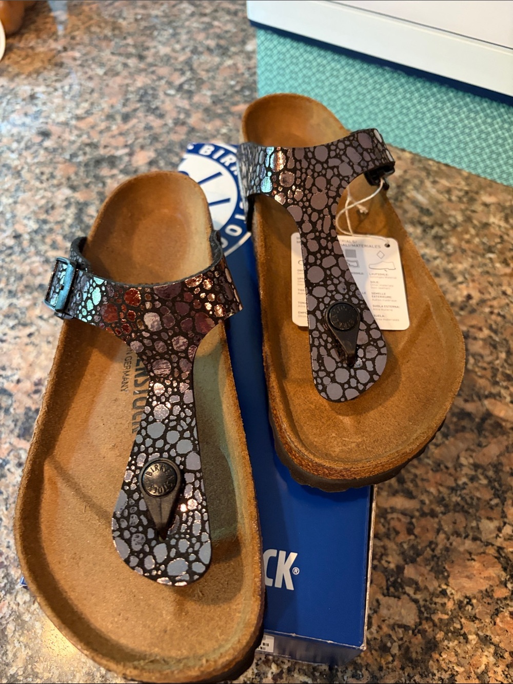 Birkenstock Gizeh Metallic Speckled Thong Sandals - Black and Silver